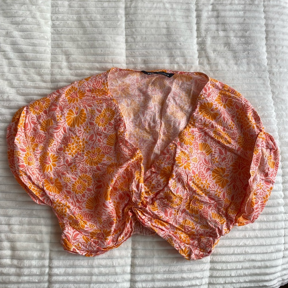 Zara short sleeve orange & pink blouse